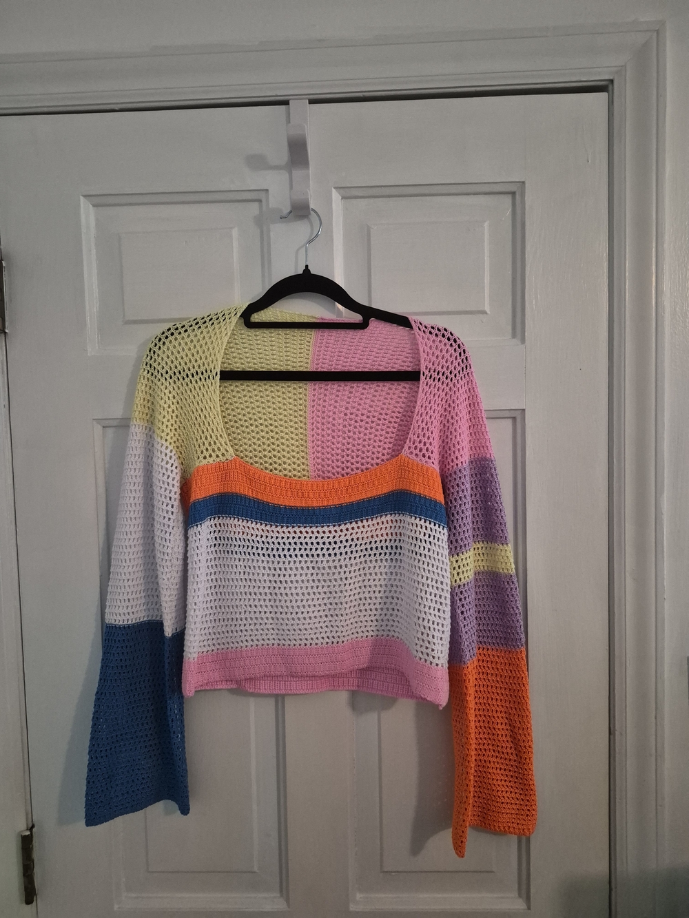 Y2K Crochet Colorblock Crop Top Flare Sleeve Boho Knit Sweater Gorpcore Neon  M